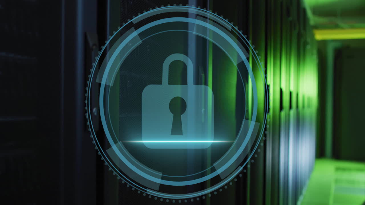 Animation of digital data processing with padlock icon over computer servers