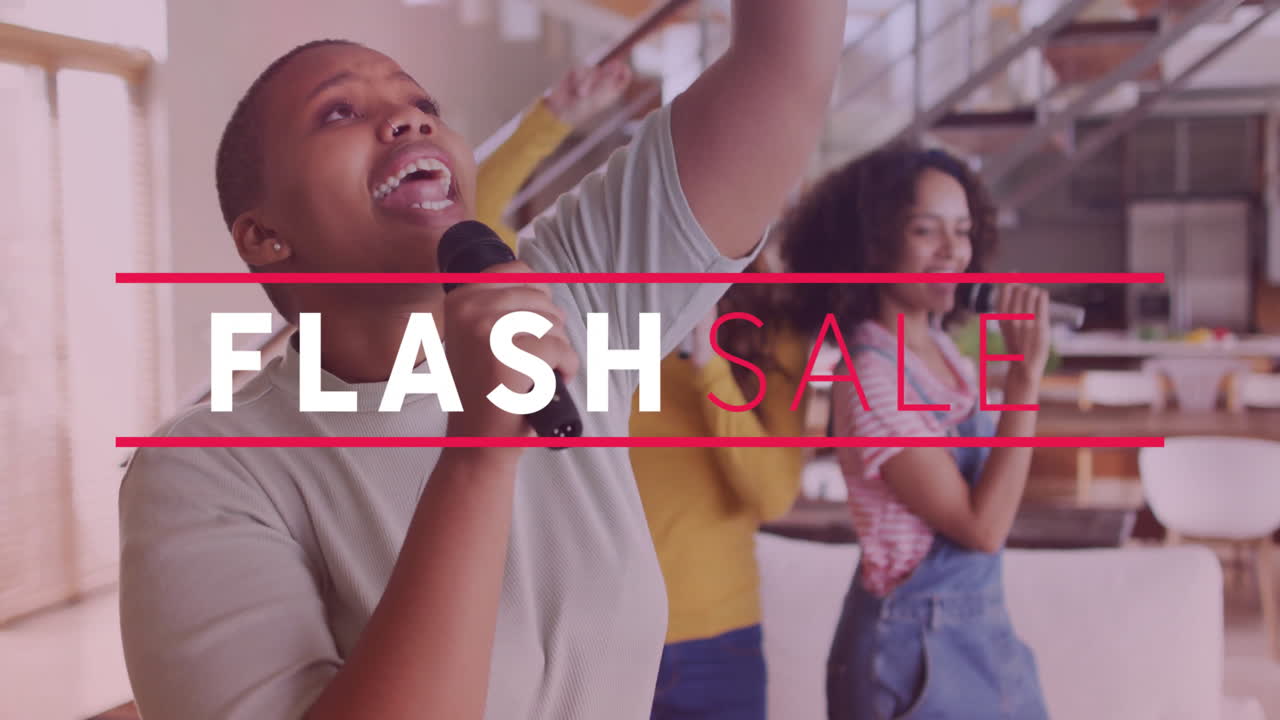 Singing karaoke at home with animation of Flash Sale text overlay