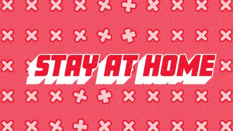 animation of snow falling over stay at home text with cross pattern on red background