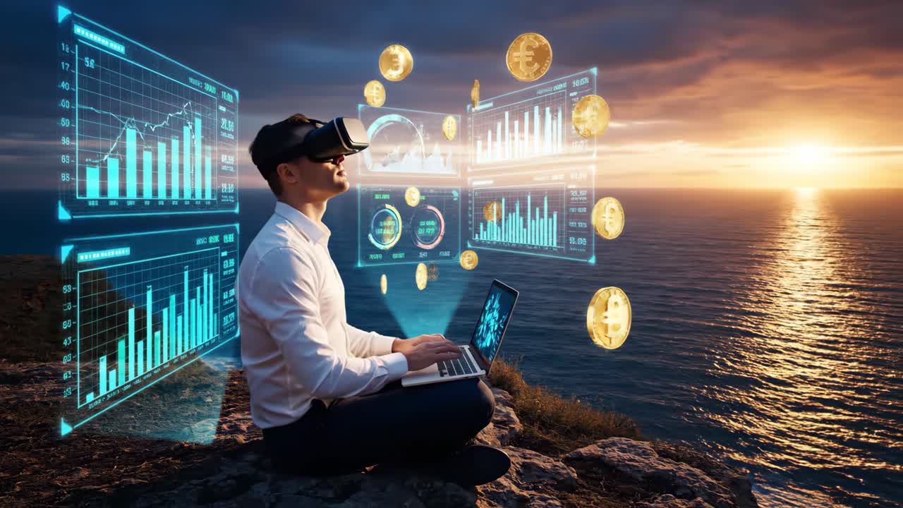 Man using VR headset for data analysis and virtual finance