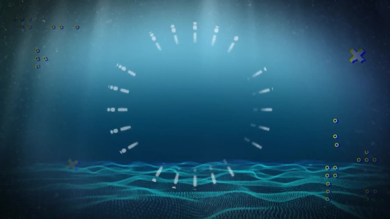 Animation of lines in circle pattern and x symbols , dots and sea against blue background