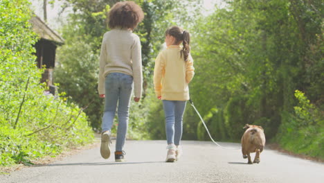 Rückansicht-Von-Zwei-Kindern,-Die-Mit-Dem-Haustier-Französische-Bulldogge-Entlang-Der-Landstraße-Spazieren-Gehen