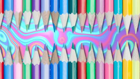 animación de lápices de colores sobre un fondo líquido rosado