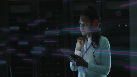 Animation-of-data-processing-over-african-american-female-it-technician-by-computer-servers