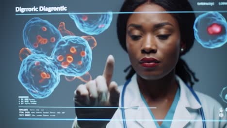 a healthcare professional interacts with a digital interface displaying complex health data and biological details. the setting shows a focus on technology in medicine and patient care.