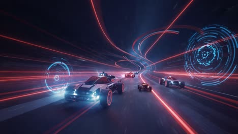 futuristic racing scene with high-speed cars surrounded by pulsating light trails and digital effects capturing the thrill of advanced sports technology