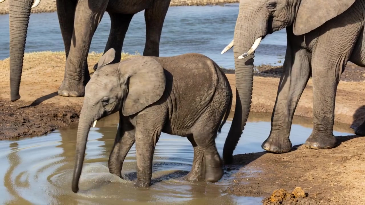 Anak gajah mencoba mencelupkan belalai dengan kaki depan di genangan air dangkal di tepi sungai, gading gajah dewasa terlihat dekat.