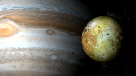 planeta júpiter y el satélite io en rotación en el espacio exterior
