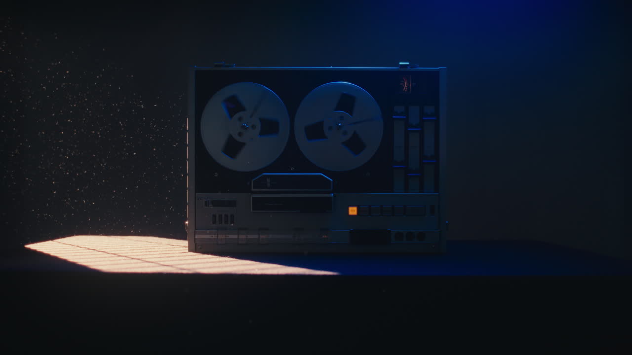A vintage tape recorder spinning spools in a blue light