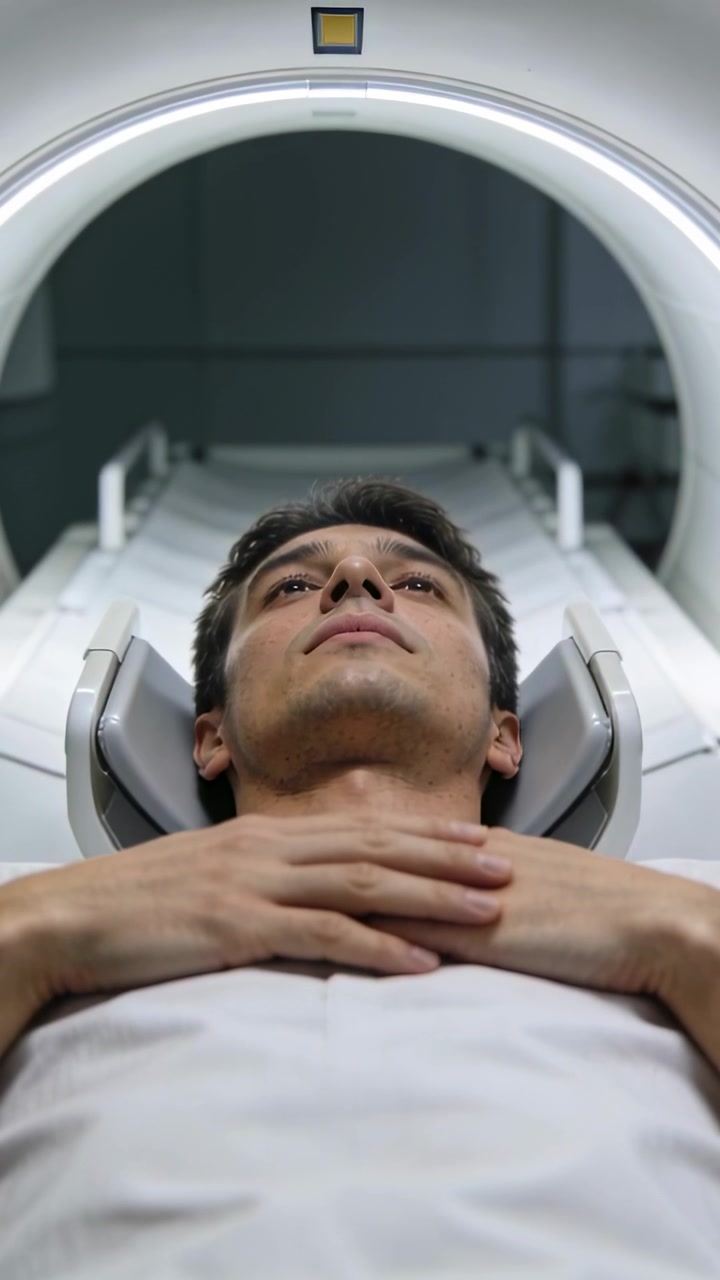 Video verticale: Tavolo che avanza, spostando un paziente con supporto per la testa e camice, all'interno di una risonanza magnetica mentre la scansione ha inizio.
