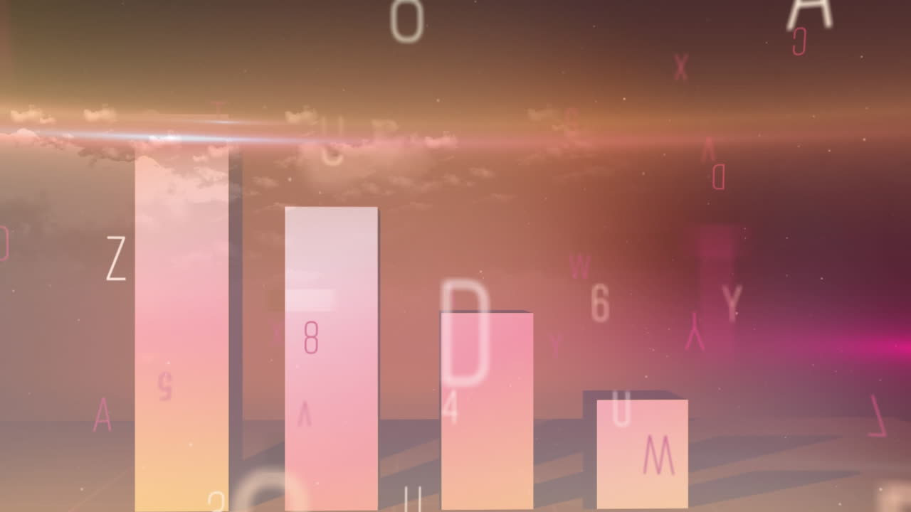 Animação de processamento de dados estatísticos sobre números e alfabetos em mudança em fundo rosa