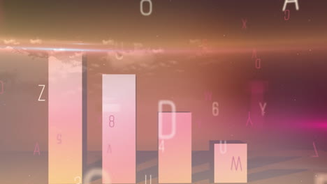 animación del procesamiento de datos estadísticos sobre números y alfabetos cambiantes en fondo rosa.