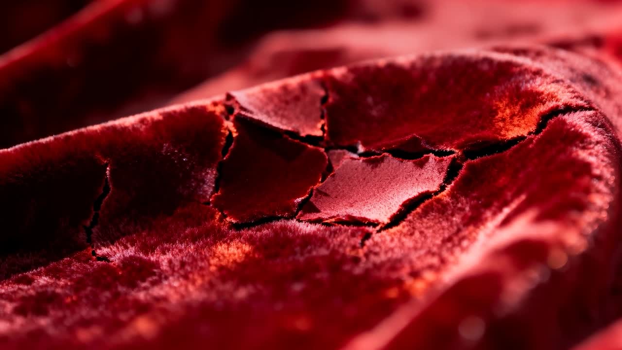 Shifting focus and lighting revealing torn deep red velvet fabric in macro studio, exposed backing