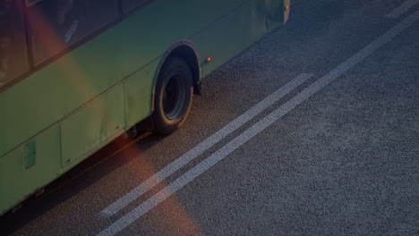 bus car driving street lines in morning drone shot. town transportation concept.