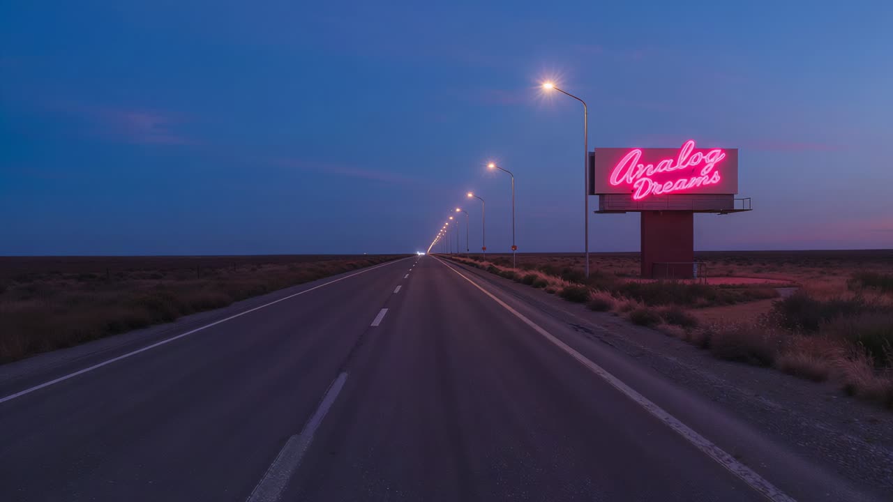 Moving camera starting forward along centered road at dusk, revealing Analog Dreams neon billboard