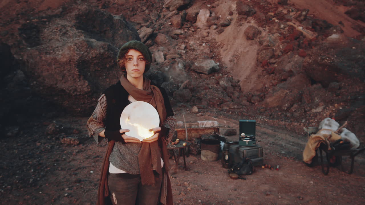 retrato de una mujer con un espejo en un mundo post-apocalíptico