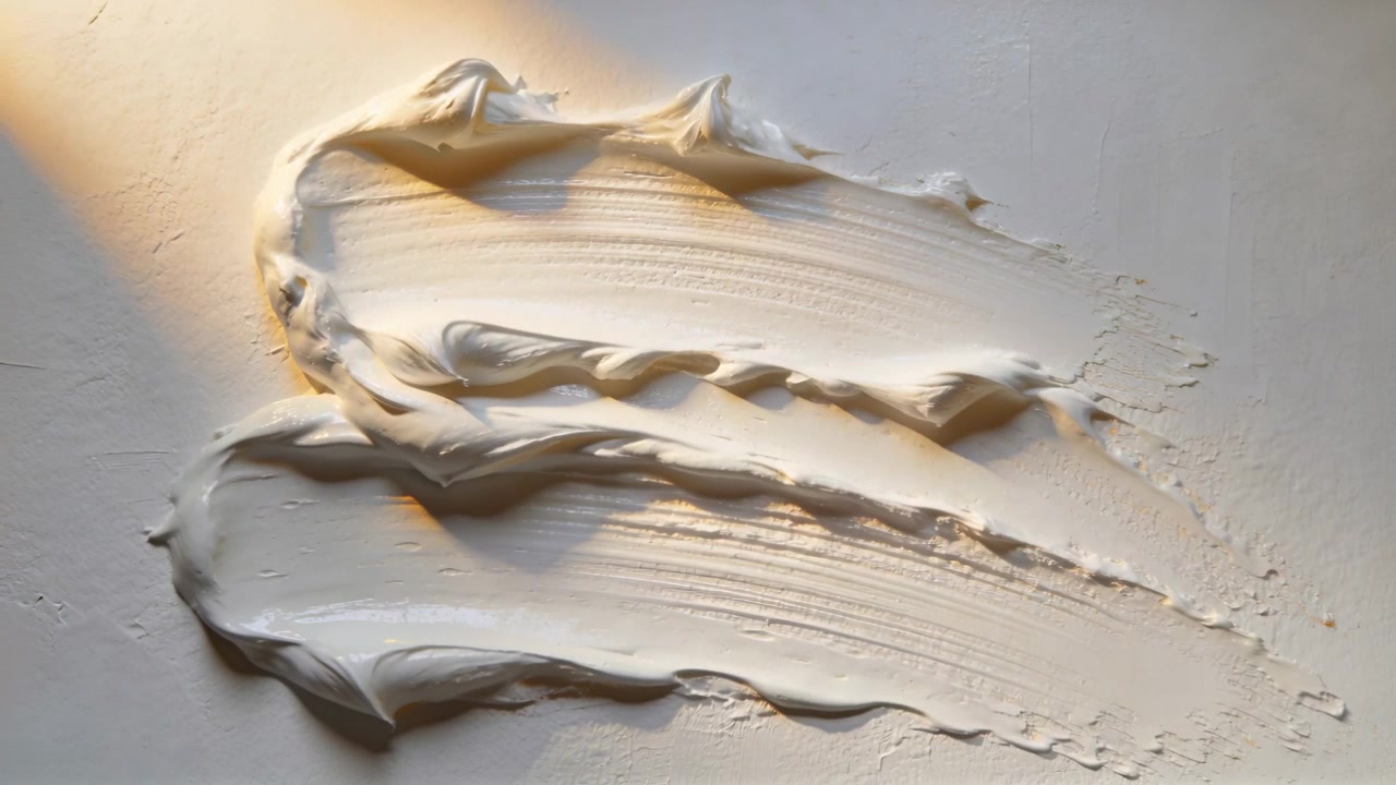 Espátula de pintor extendiendo pintura blanquecina sobre una mesa, creando muestras texturizadas con relieve.