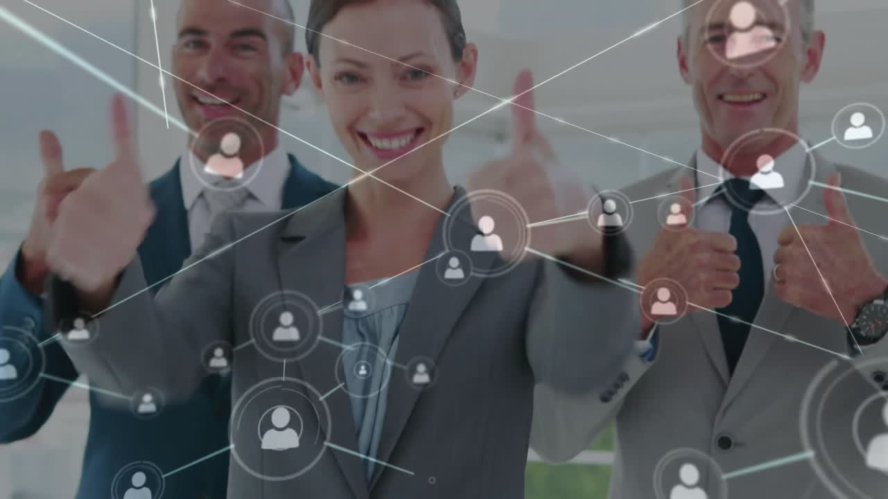 animación de la red de personas íconos sobre felices colegas de negocios caucásicos con los pulgares hacia arriba