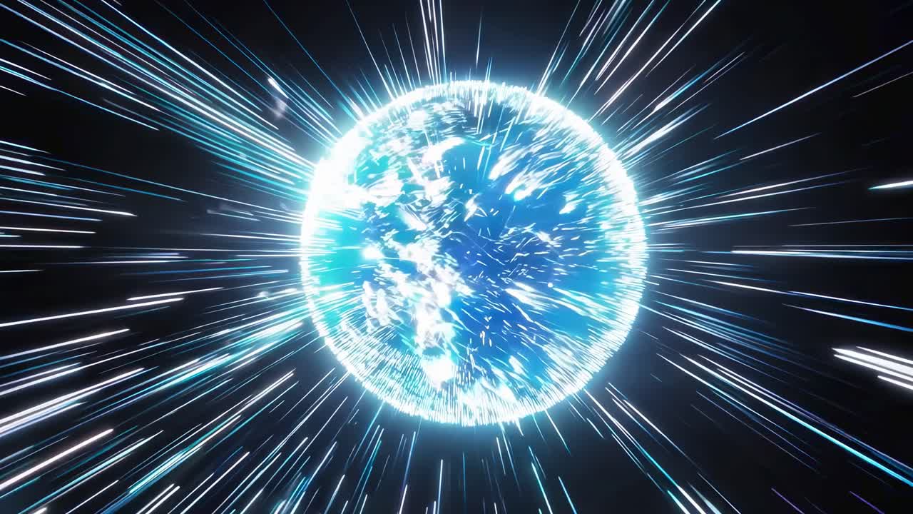 Dynamic video concept of a glowing blue sphere with radiating light streaks