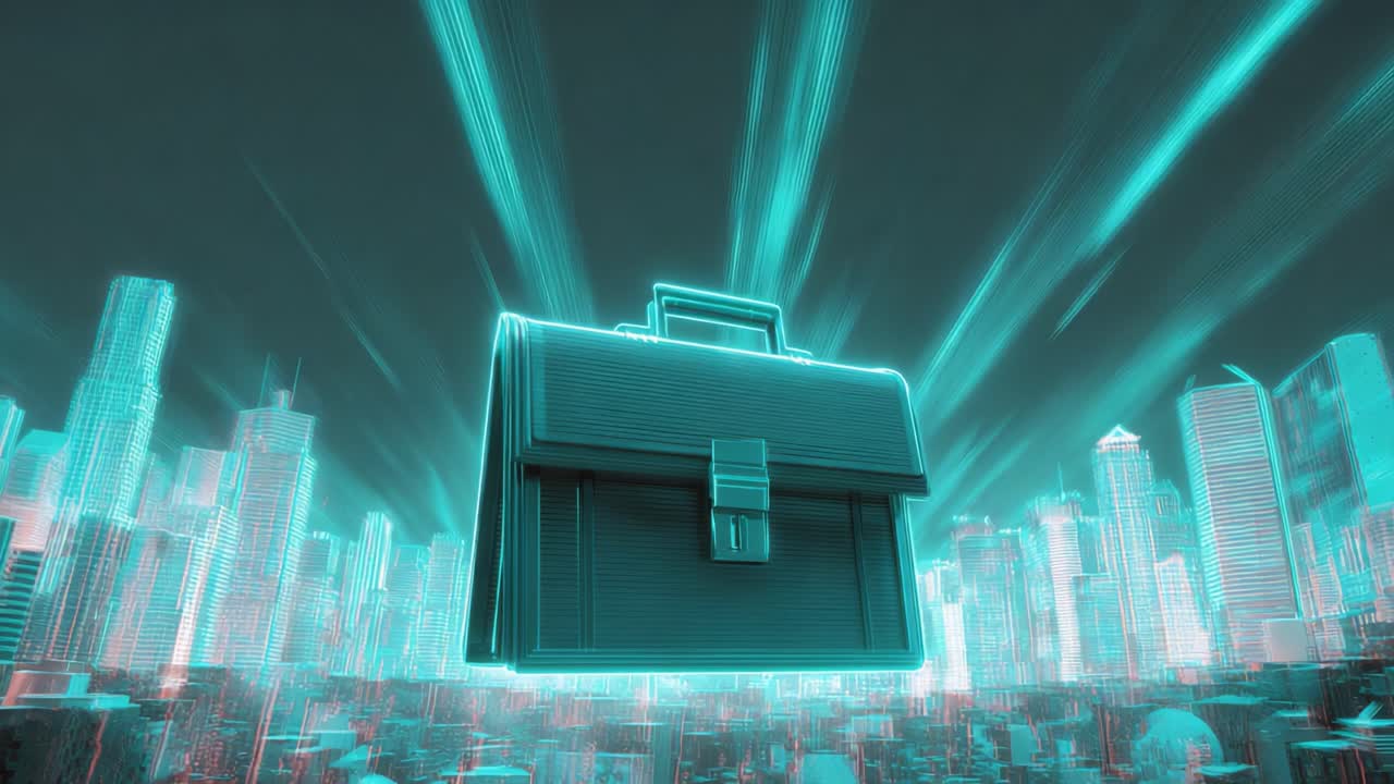 Glowing briefcase, symbol of commerce and finance, hovering over a futuristic cityscape made of light, representing technological advancement, global business, and modern investment opportunities