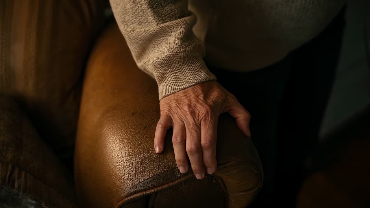 Sitting senior right hand reaching, sliding withdrawing from leather armrest at home in knit sleeve