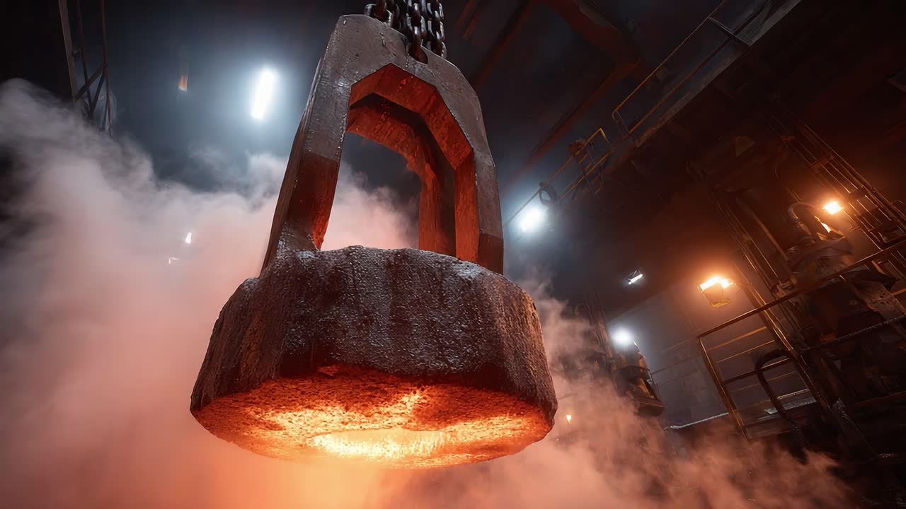 A powerful industrial scene showcases a massive molten metal hook suspended overhead, surrounded by dramatic steam and industrial lighting, emphasizing the dynamic energy of metalworking