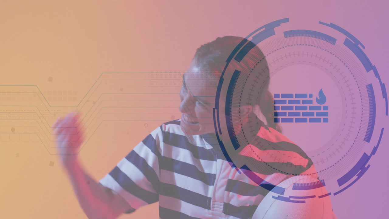 Digital security animation overlaying smiling person on colorful background