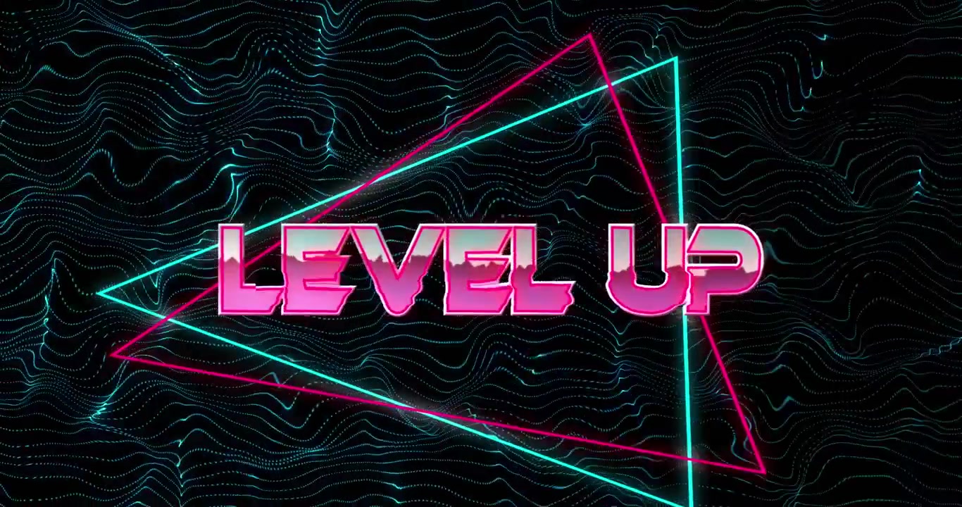 Animazione del testo "level up" su triangoli sopra un motivo a onde su sfondo nero.