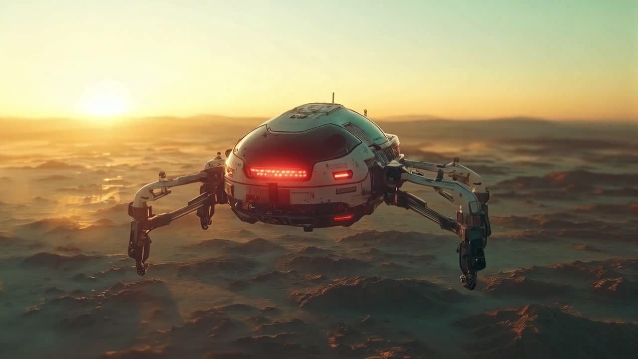 A drone hovering in the sky at sunrise