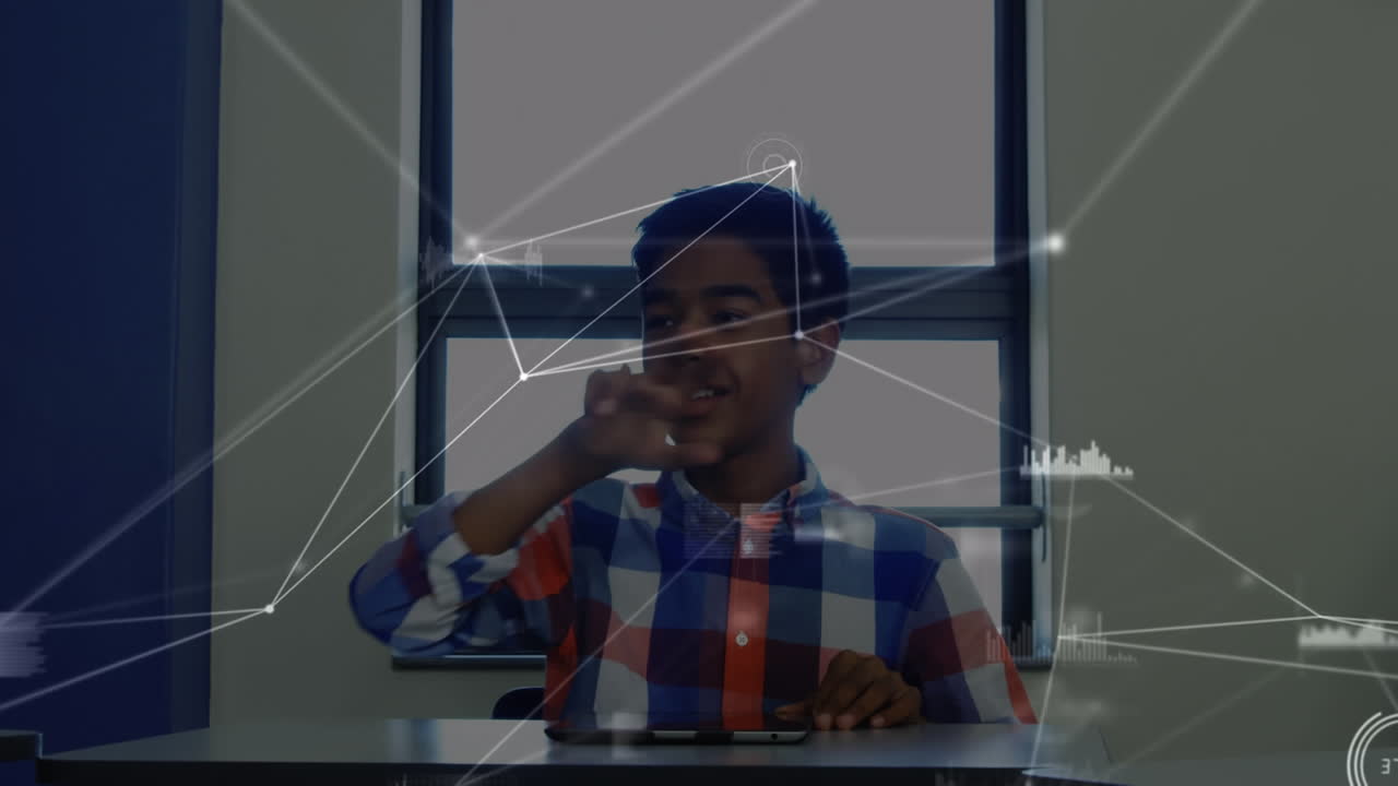 Animation of network of connections over schoolboy using virtual screen