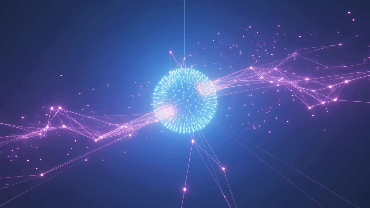 Nucleo luminoso pulsante che reagisce a un reticolo magenta che tocca nodi di contatto in un campo blu, spostando energia.