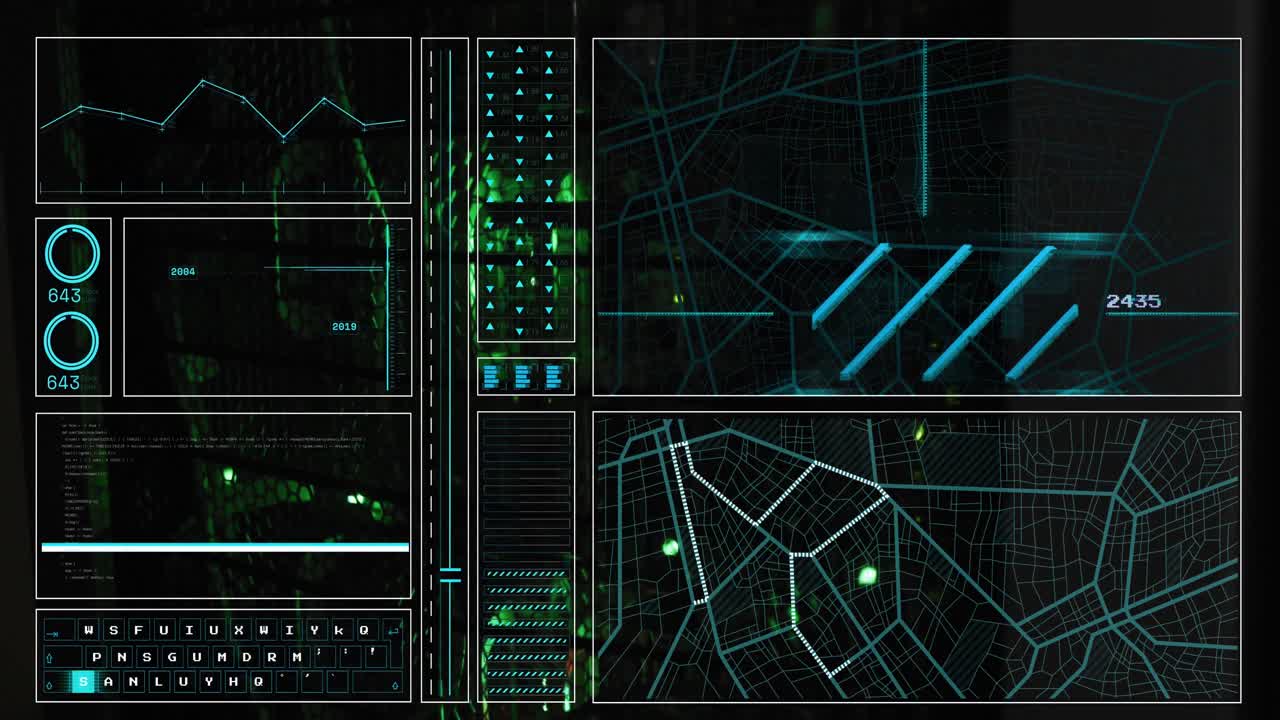 Animation of interface with data processing against close up of a computer server