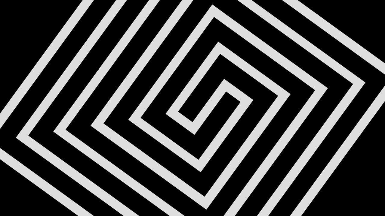 dibujo gráfico en blanco y negro con efecto estroboscópico e hipnótico, mientras gira en el sentido de las agujas del reloj y aumenta de tamaño.