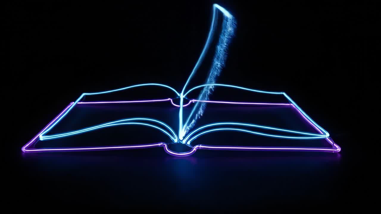 Libro al neon con pagine luminose che si sfogliano su sfondo nero