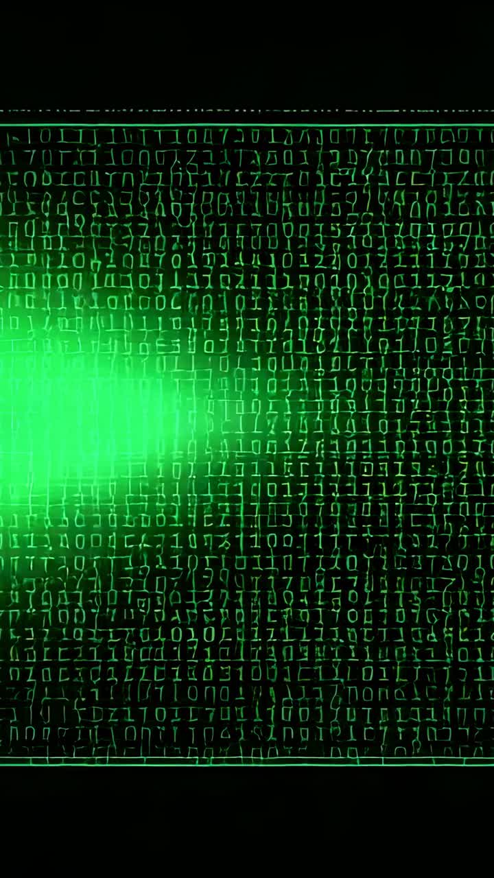 Vertical video: Emerging from left, green flare scanning panel on black screen revealing binary