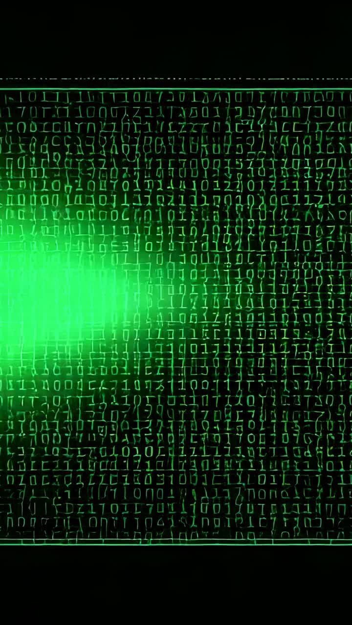 Vertical video: Emerging from left, green flare scanning panel on black screen revealing binary
