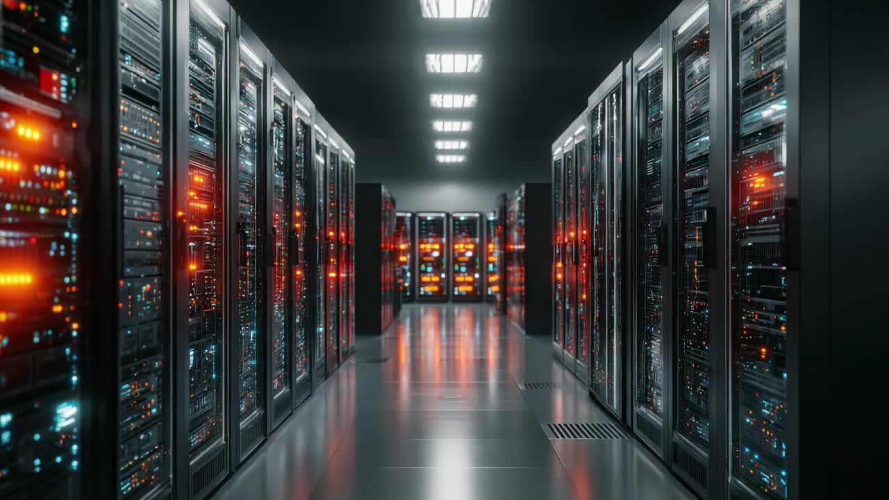 Exploring the Depths of a High-Tech Data Center with Rows of Server Racks Illuminated by Colorful LED Lights, Showcasing Modern Information Technology Infrastructure