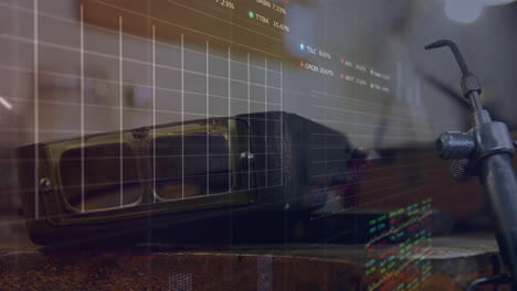 animation of financial data processing over goggles and tools in workshop