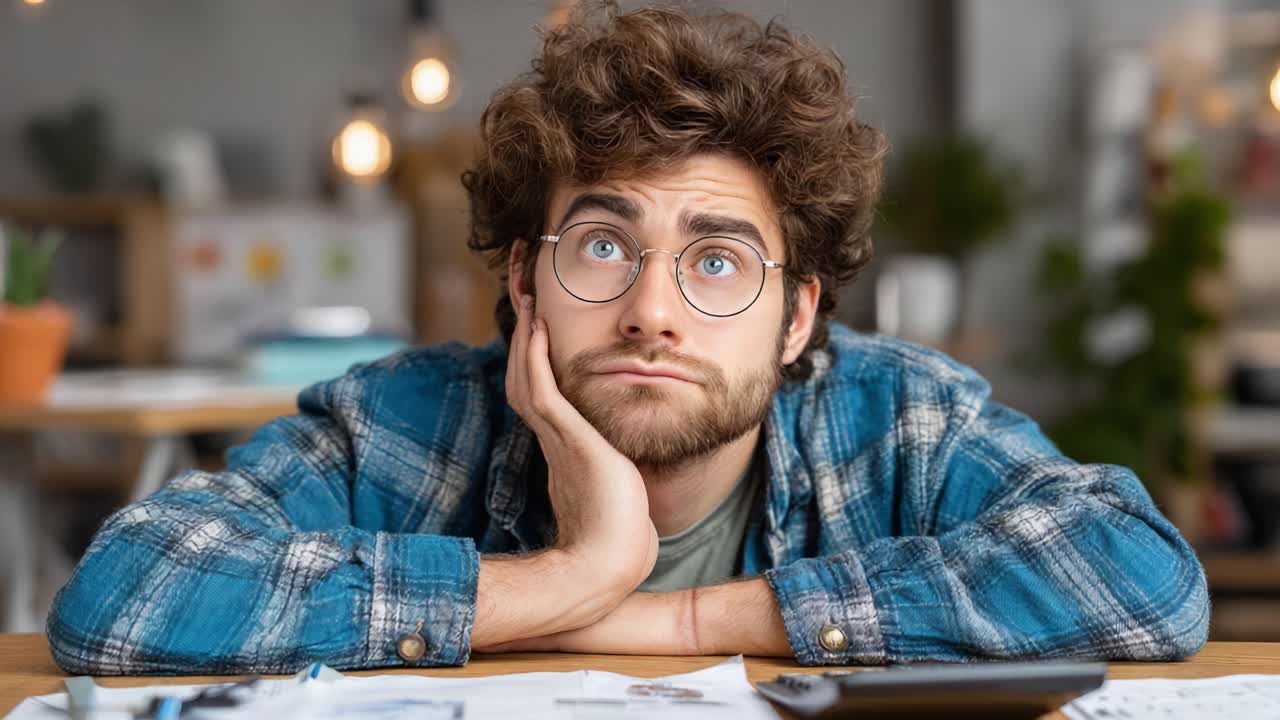 Pensive Young Man in Casual Attire with Thoughtful Expression, Contemplating His Thoughts Amidst a Creative Workspace Surrounded by Paperwork and Ambient Lighting