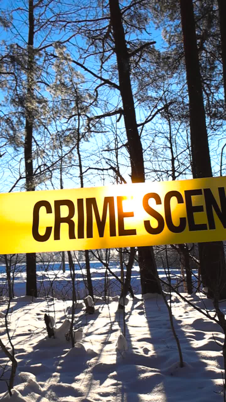 Yellow police tape reading crime scene unrolling in front of a bright, sunlit, snow covered forest, creating a stark contrast between the serene winter landscape and the serious nature of the event