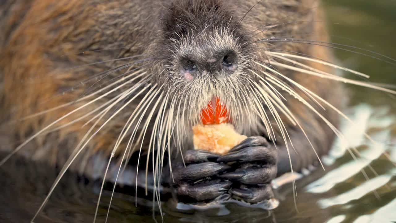 가까이, 긴 수염을 먹고 물에 귀여운 coypu nutria myocastor coypus