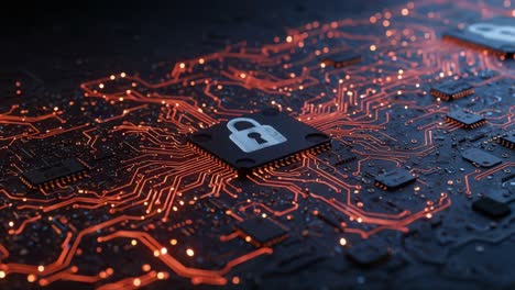 a close-up view of a digital circuit board highlighting security features with lock symbols embedded in a network of copper traces and neon lighting