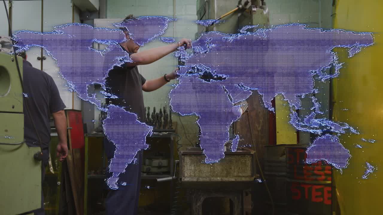 Purple map fading to dotted, helper walking left in workshop while operator adjusting mill controls