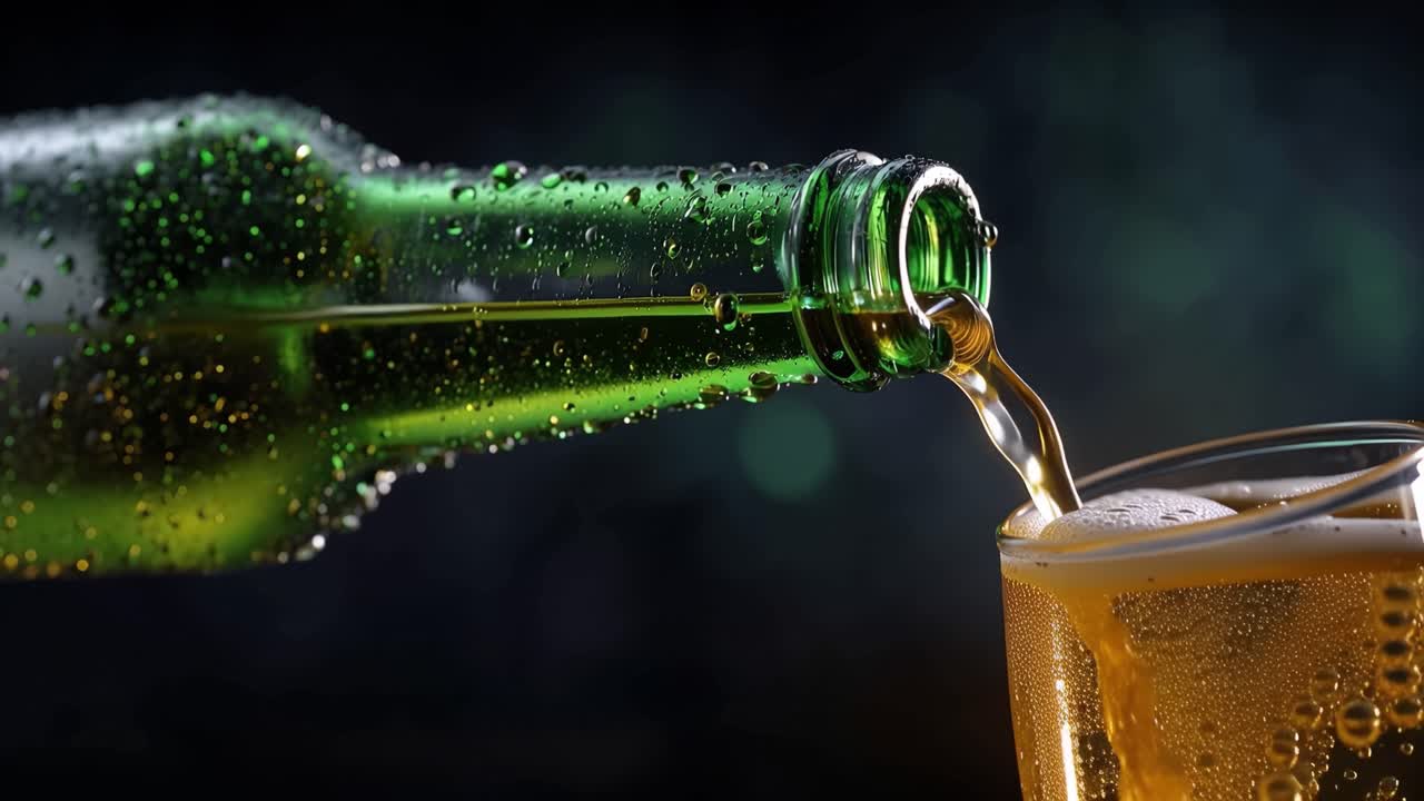 Birra fredda versata da una bottiglia verde in un bicchiere