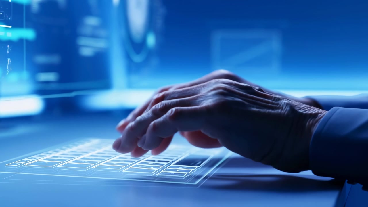 Close-up of an elderly hand resting on illuminated virtual buttons and holographic controls in a dim futuristic control room. Blue ambient light reflects on