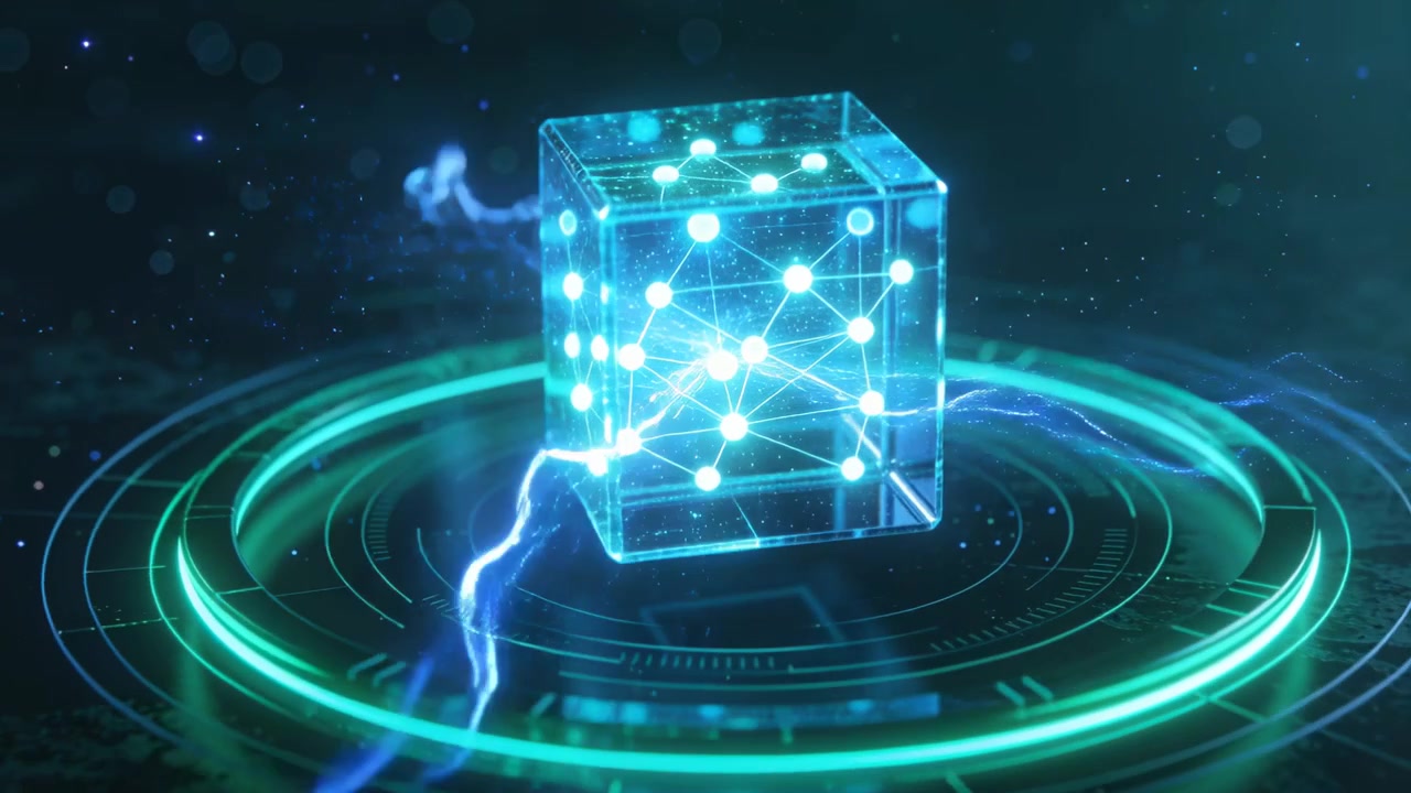 Driver en glaskube med pulserende noder, der sender blå buer hen over en hologramplatform.