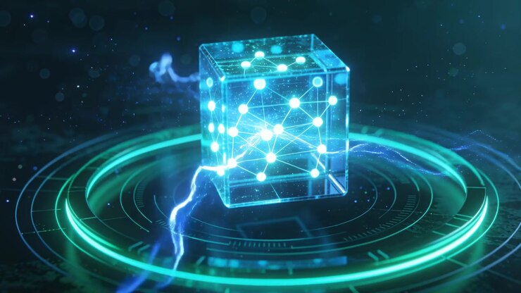 Powering glass cube with pulsing nodes, sending blue arcs across hologram platform