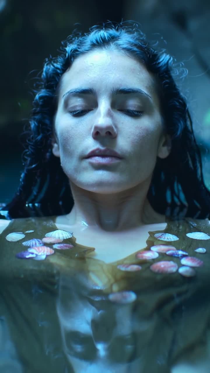Video verticale: Donna che galleggia con i capelli bagnati, top marrone, che respira in piscina, con petali che si muovono.