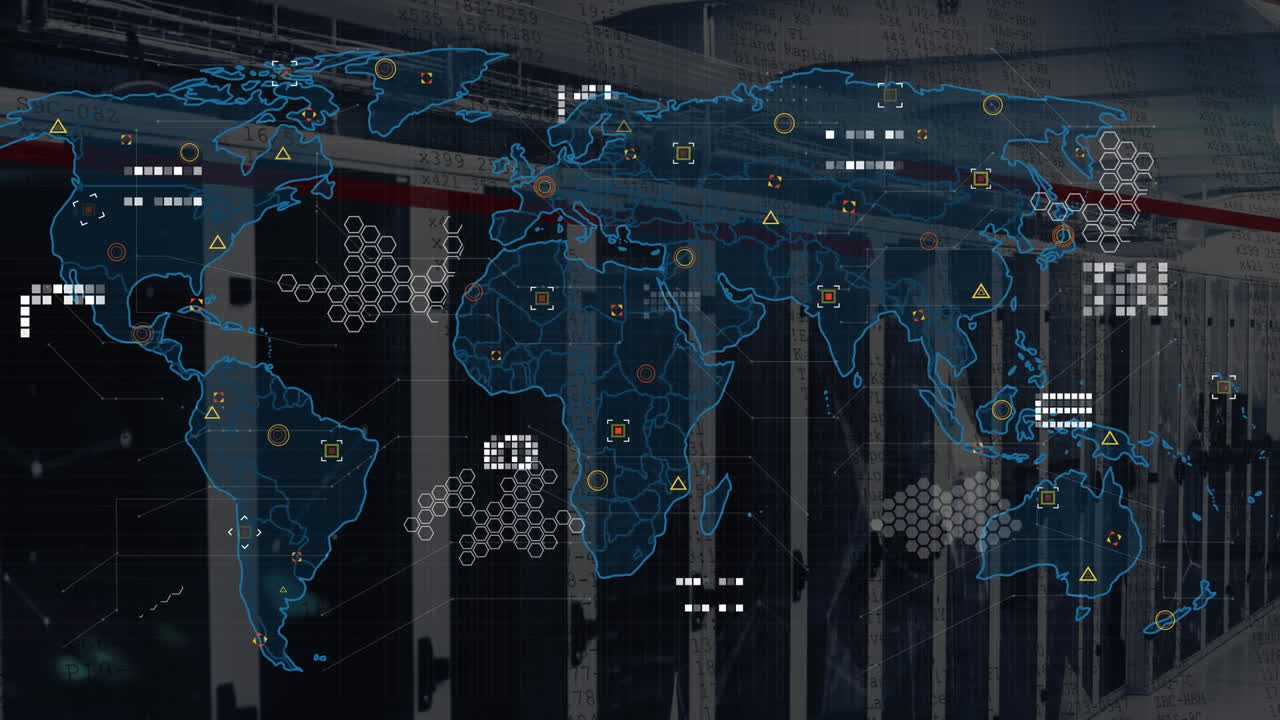 Animation of data processing over world map against computer server room