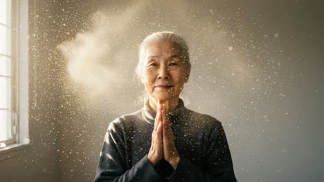 a serene moment of reflection: an older woman in a praying pose surrounded by sparkling dust, capturing a profound sense of peace and inner calm